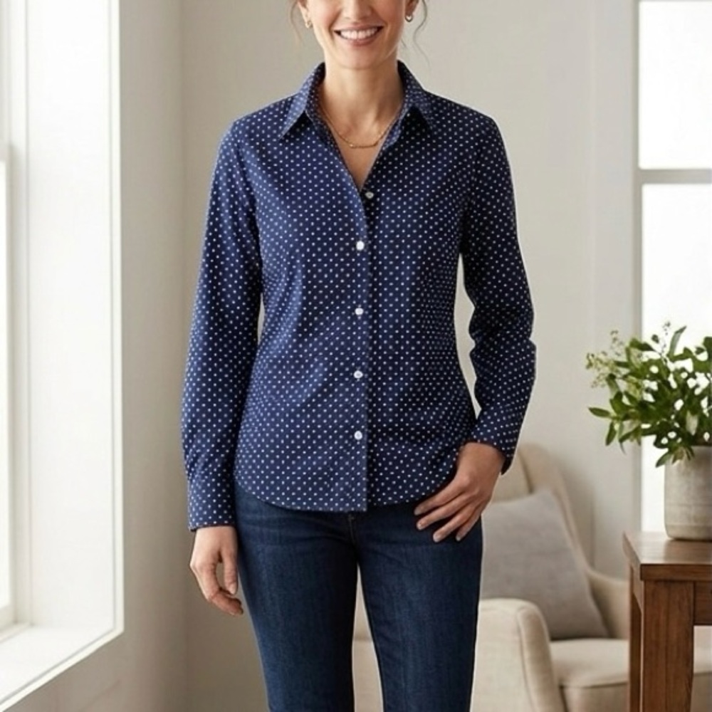 LAUREN RALPH LAUREN BLUE Polka Dot Non-Iron Button Down Size XL